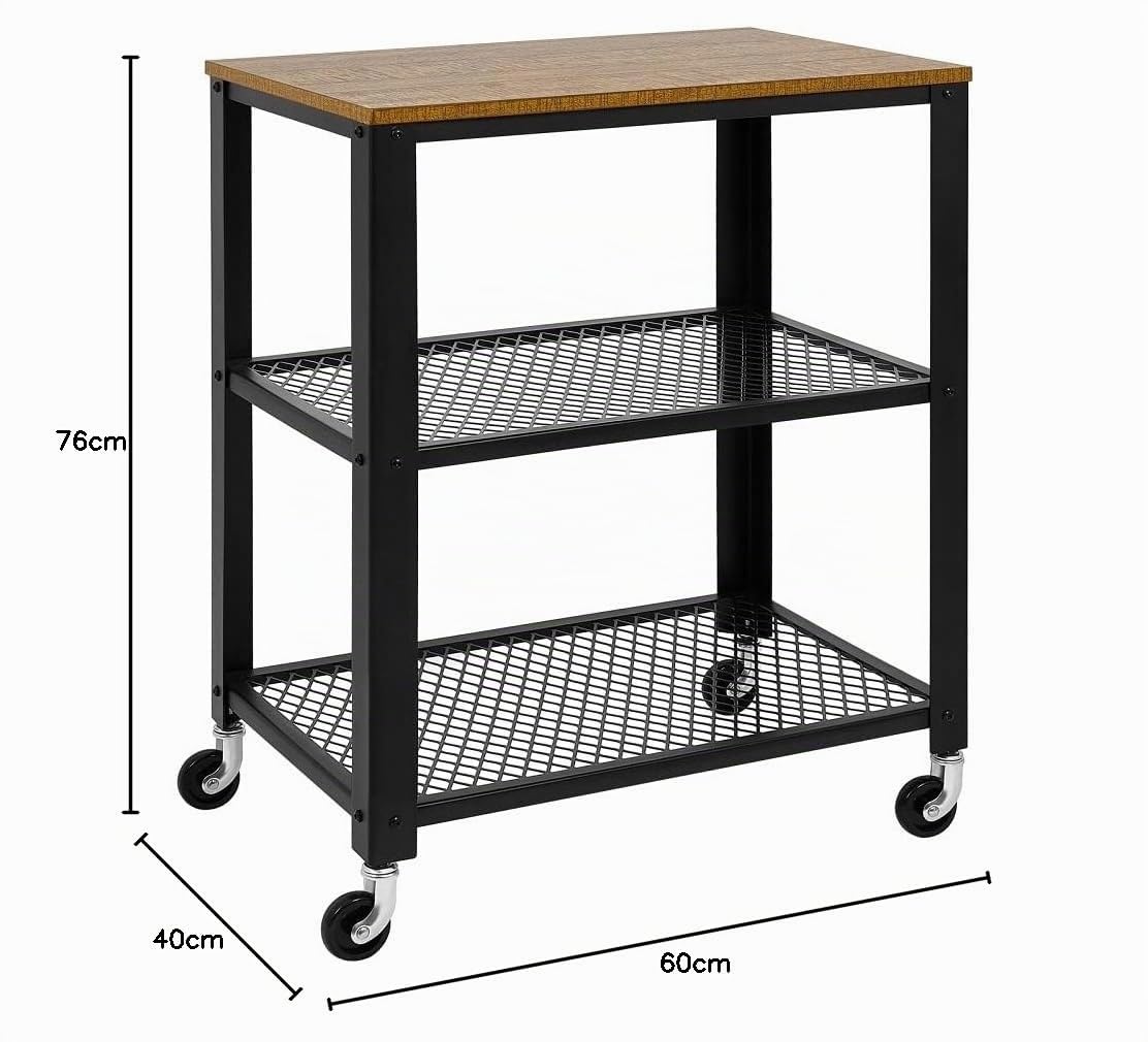 Meerveil Carrello industriale cucina con rack di stoccaggio a 3 piani, vintage con ruote, ripiano in legno e telaio in metallo