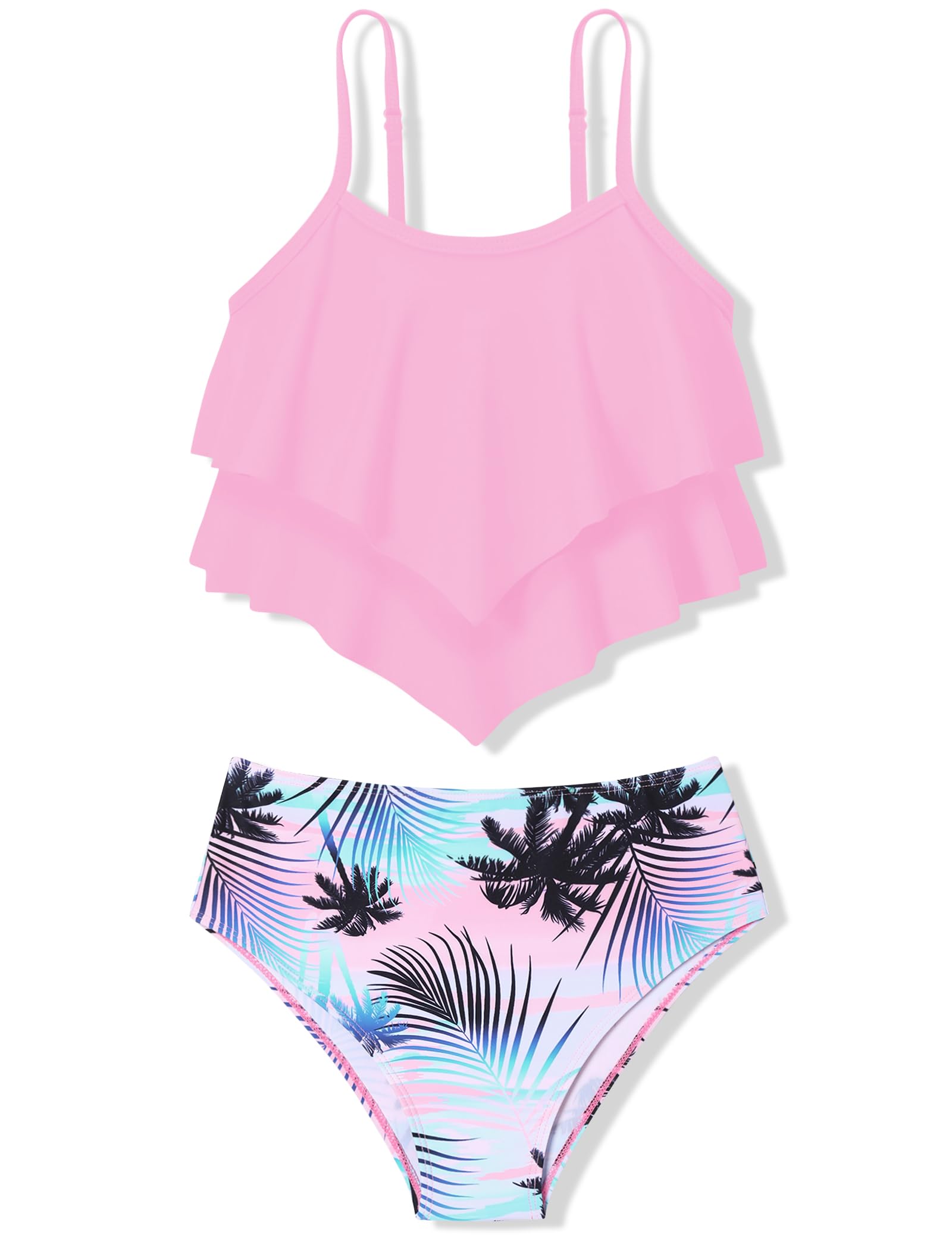 oklady Girls Swimsuit 2 Piece Bikini Set Tiered Ruffled Bathing Suit Adjustable Straps Girls' Swimwear
