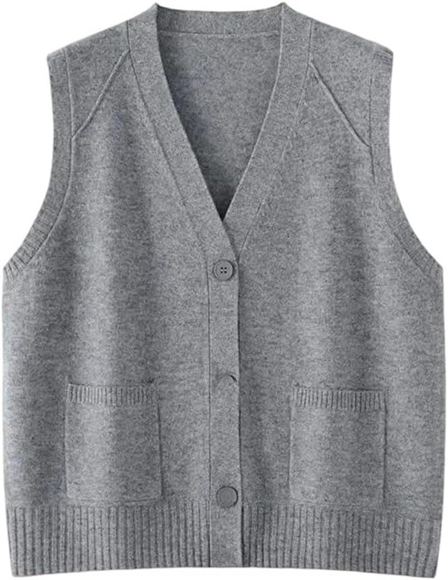 Women's Wool V Neck Cardigan Vest Sleeveless Button Front Pocket Waistcoat