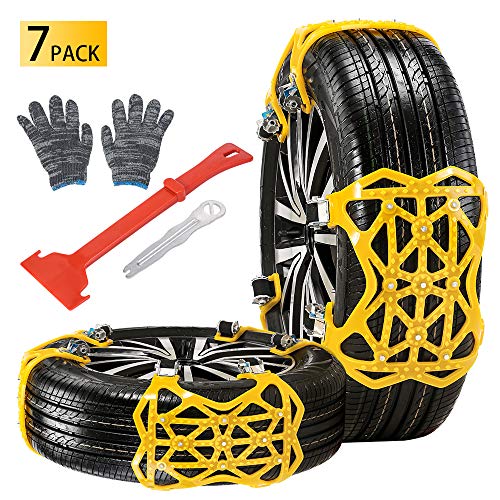 Qoosea Snow Chains 7 Pack Universal Car Anti-Skid Emergency Adjustable Tire Chains for Cars SUV Truck Driving on Snow and Ice Road, Sand and Mud Road, Uphill Road, Fit Tire Width from 165mm-265mm