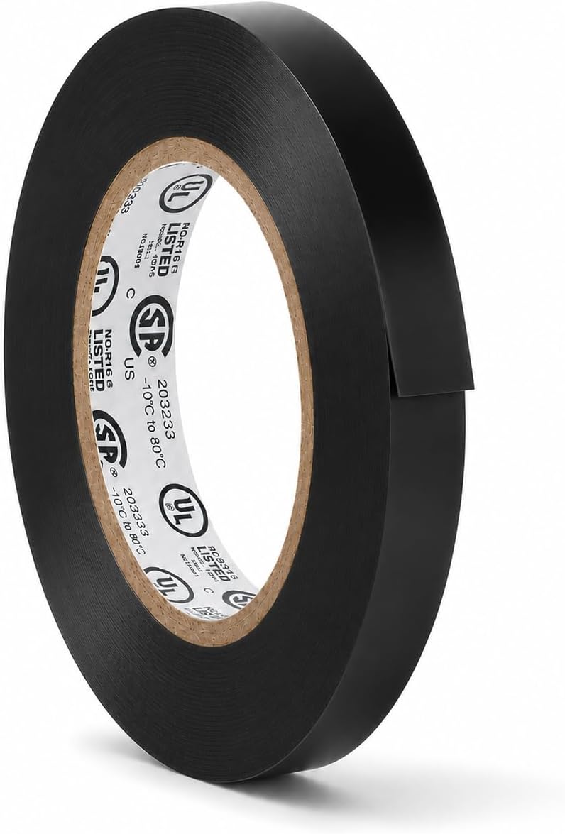 GGR Supplies EL7566-AW Professional Grade Black PVC Electrical Tape, 1/2 Inch x 66 Feet, 8 Mil, UL/CSA/CE Listed, 600V Flame-Retardant Tape for Wire Insulation, Splicing, Bundling and Maintenance