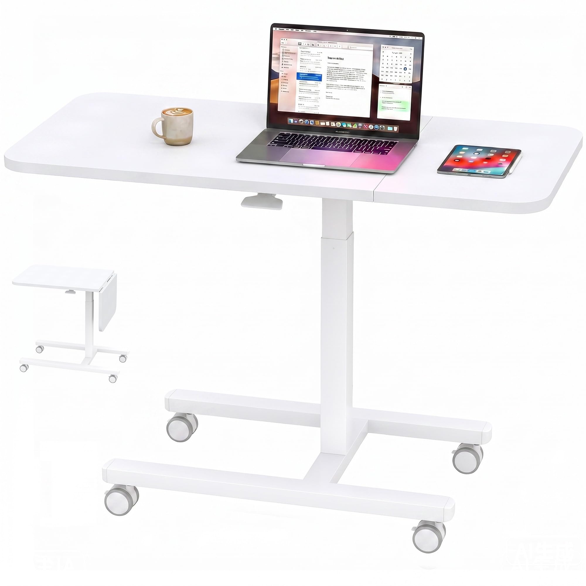 Mesa Cama Ajustable en Altura, Gran Superficie 100cm, con Ruedas con Freno, Pistón Gas, Escritorio/Portátil Forma C Robusto, Mesa Sofá Móvil para Salón, Dormitorio, Office,Blanco