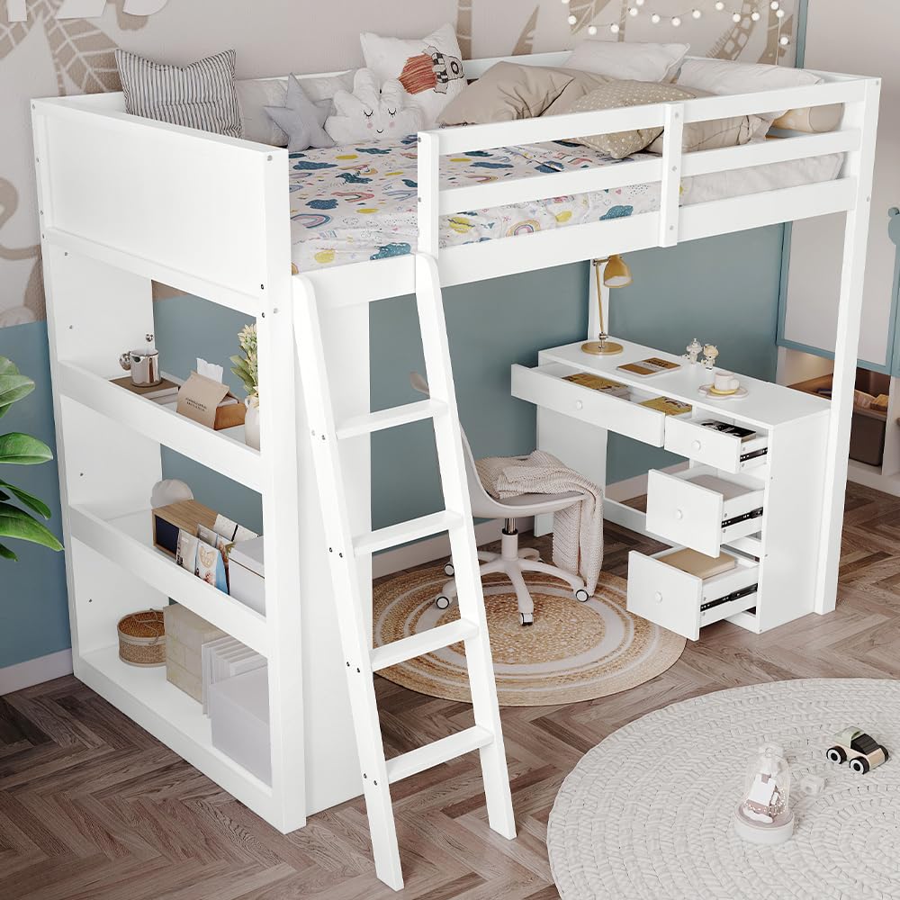 Merax Kids Bunk Bed Frame Children's High Sleeper with Desk, 4-step ...