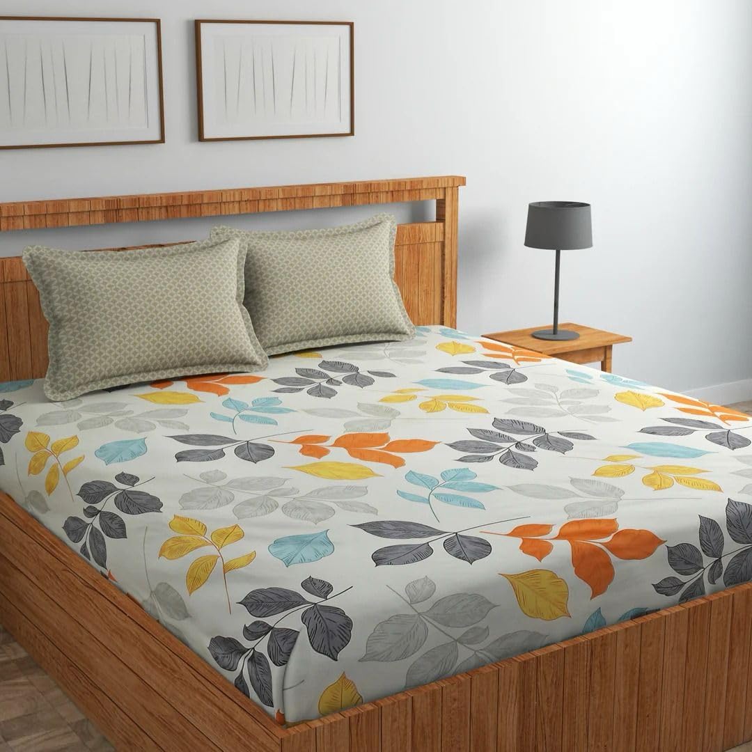 Summer Special Super Soft Elastic Fitted 200 TC Bedsheets for Double Bed King Size100X100 Inches with 2 Pillow Covers Bag Packing (Multi Color Leaf)