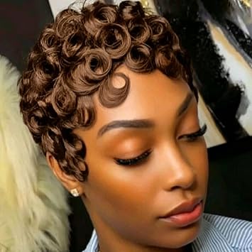 Short Brown Curly Pixie Cut Tribal Braids Wig with Bangs for Black Women | Pixie Tribal Braids Wig for Daily & Party Use Easy to Wear Natural Hairline Soft Lightweight Breathable Short Curly Brown