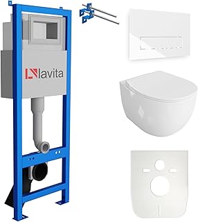 Lavita LAV 101 Vorwandelement für WC 40cm + Wand Hänge Tiefspül WC MONDO Weiß Spülrandlos + Bedienplatte LAV 200.3.1 Weiß | Komplettset | Unterputz Spülkasten | Toilette Komplett Sett