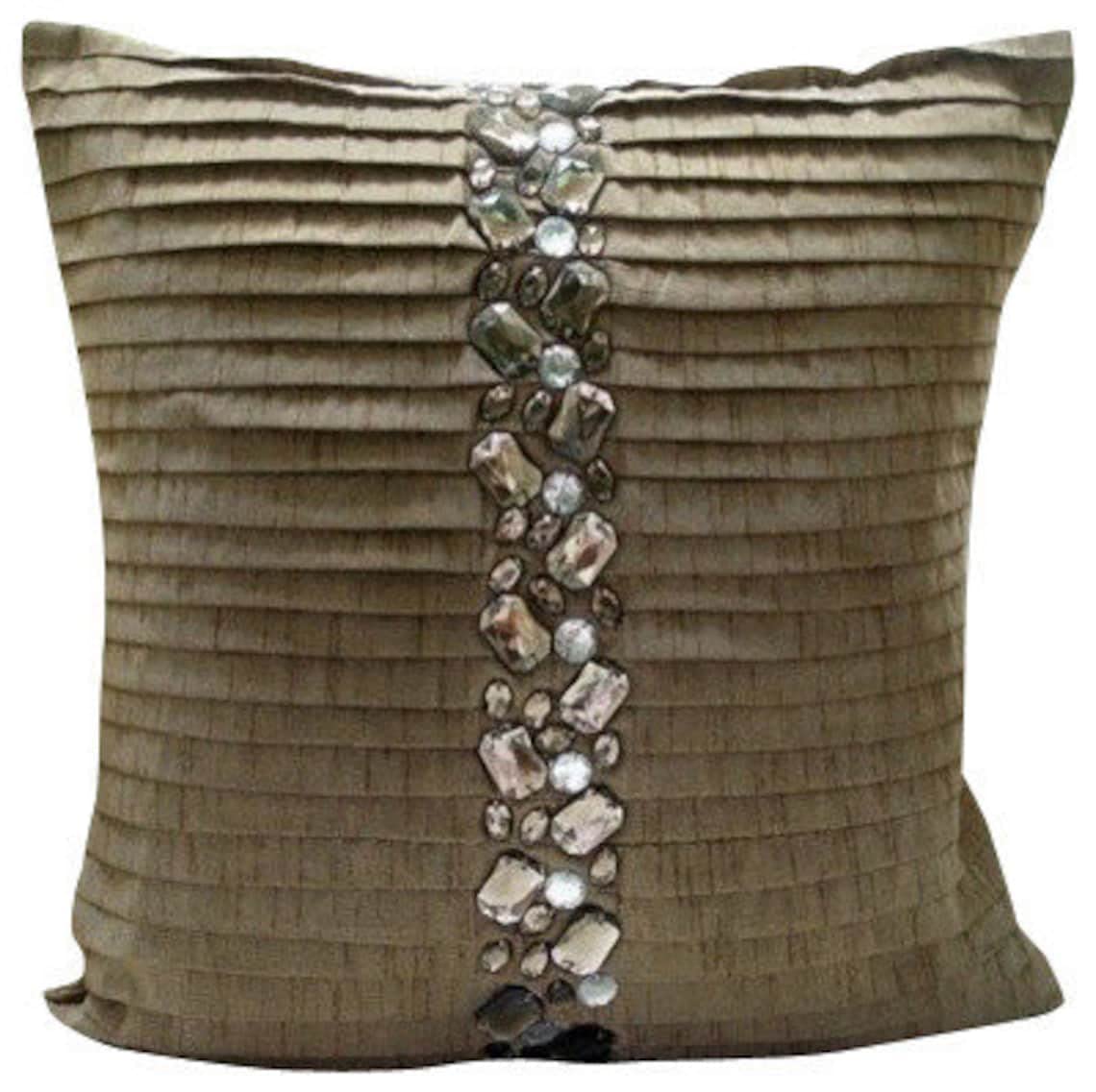 The HomeCentric Champagne Brown Cushions Cover 35x35 cm (14x14 inch) Silk Pillowcase Crystals Pinktucks, Decorative Square Throw Pillow Cover for Couch with Invisible Zipper - Almost Real โ image 1
