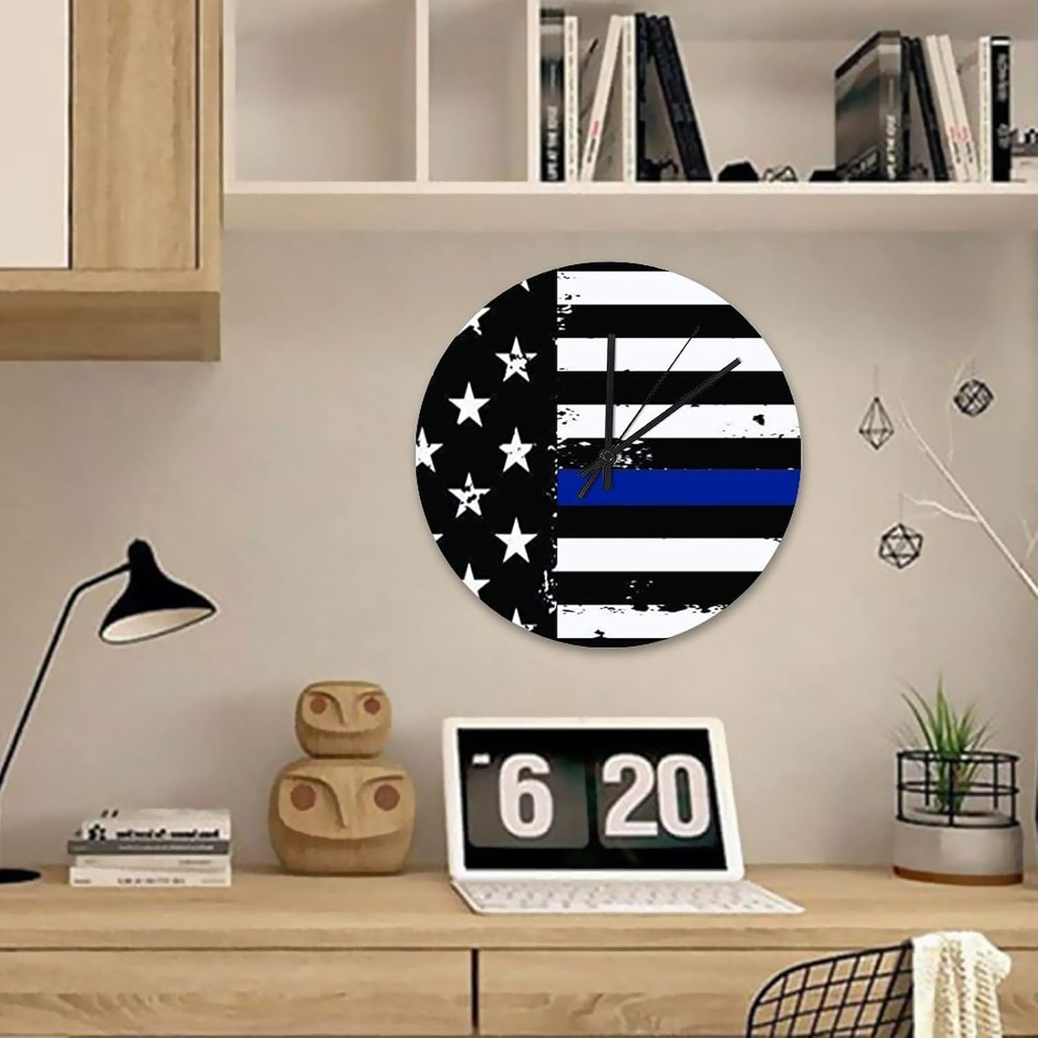 Retro Vintage Thin Blue Line Black American Flag Wall Clocks 15 Inch, Law Enforcement and Police Officers Rustic Wooden Art Hanging Clock Quartz Analog Quiet Round Clock for Farmhouse Home Decoration