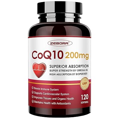 ZEBORA CoQ10-200mg-Softgels with PQQ, BioPerine & Omega-3, 120 Servings Coenzyme Q10(Ubiquinone) Supplement for High-Absorption, Powerful-Antioxidant, Support Heart & Energy-Production