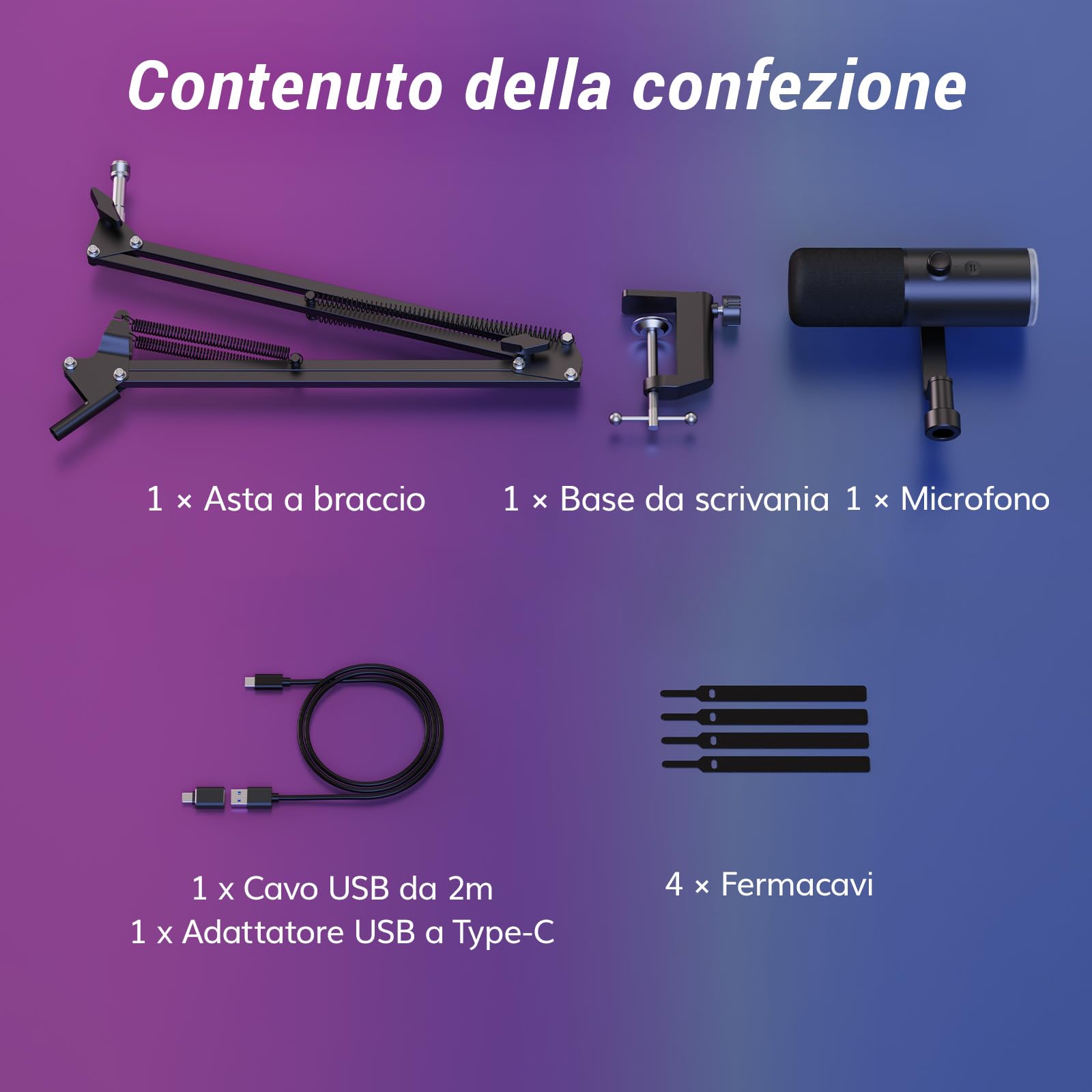 TONOR Microfono Gaming Dinamico per PC, Microfono Cardioide Streaming XLR/USB con Braccio per Podcasting/Studio, Cancellazione Rumore IA, RGB Controllabile, Jack Cuffie 3,5 mm, Nero, TD510 AIR H+