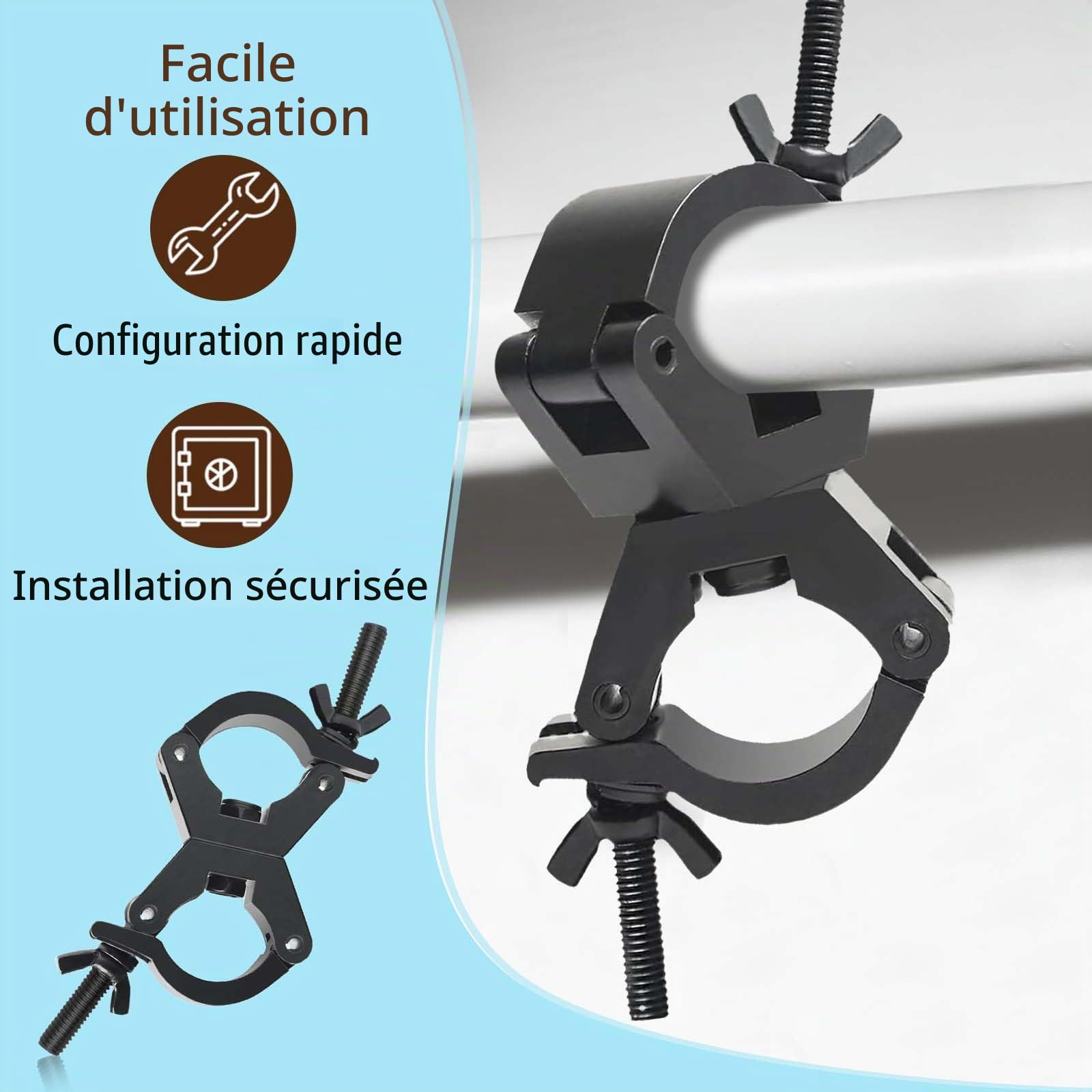 Crochet Jeux de Lumières Dj Truss Clamp 29mm-35mm Crochet de Fixation Projecteur, Porteur 80kg Double Collier de Serrage Pivotant Eclairage Light Fixation sur Tube Rond