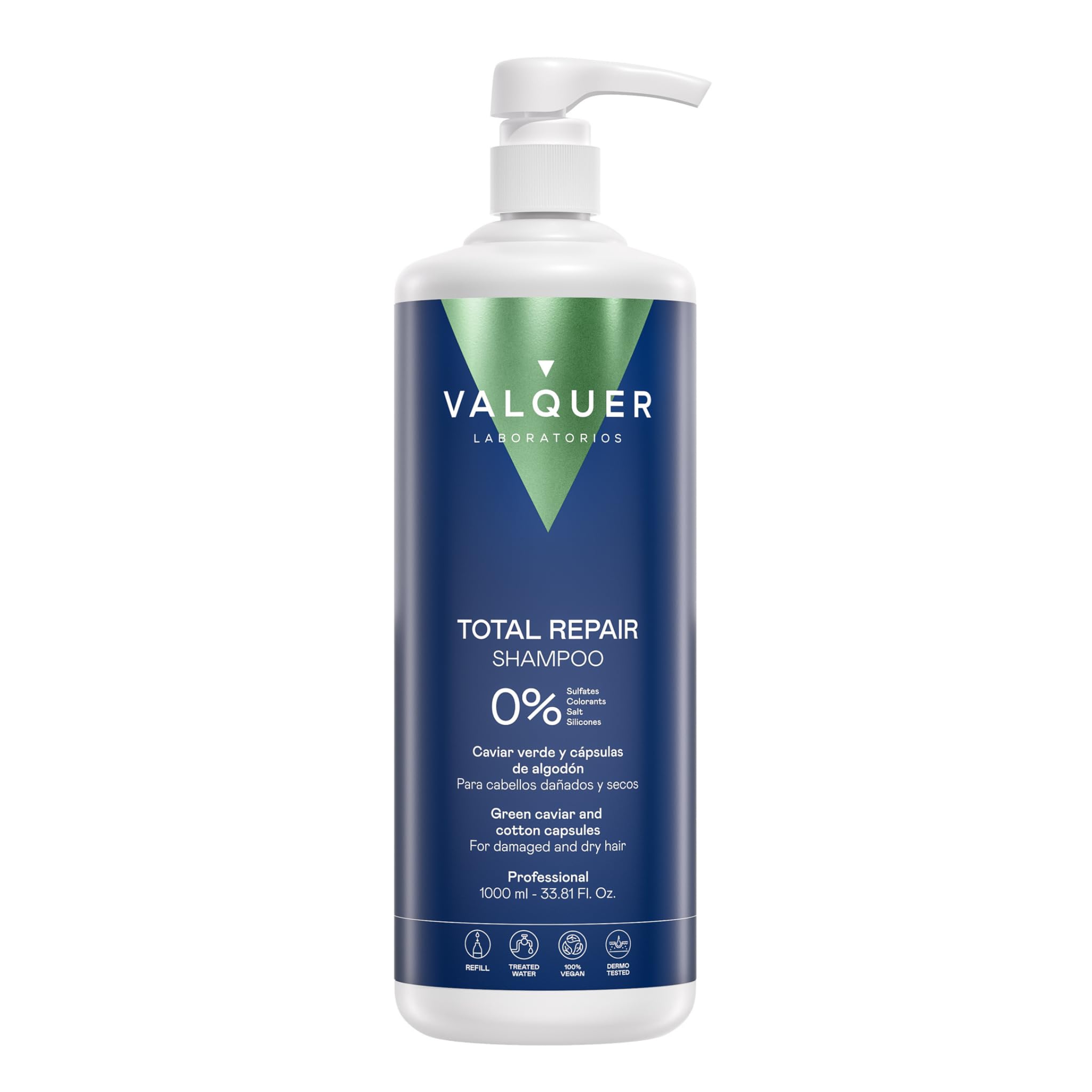 VALQUER Total Repair Zero Shampoo | Intensive Repair for Damaged and Dry Hair | Deep Hydration, Softness, and Shine with Green Caviar and Cotton Capsules | Vegan | 1 L