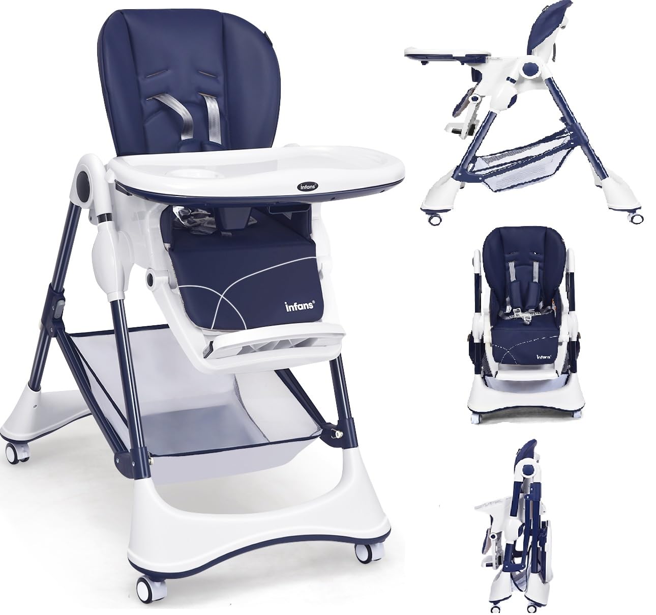 INFANS High Chair with One-Hand Removable Tray, 4 Lockable Wheels & Large Storage Basket - Multi-Adjustable Height, Recline & Footrest, Removable Cushion, Foldable for Baby, Infant& Toddler (Navy)