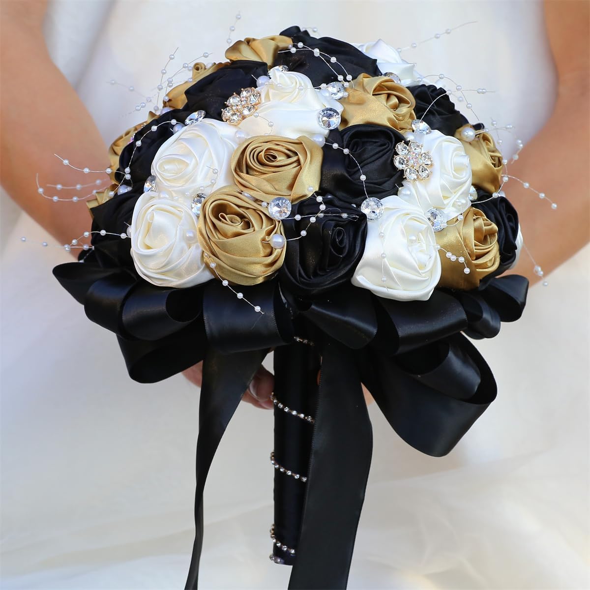 Bridal Wedding Bouquet Handmade Satin Rose Artificial Flower Bouquet for Bride Bridesmaid Holding Toss Round Wedding Bouquets Sparkling Rhinestone Brooch Crystals Gold & Black & Ivory 8.7"