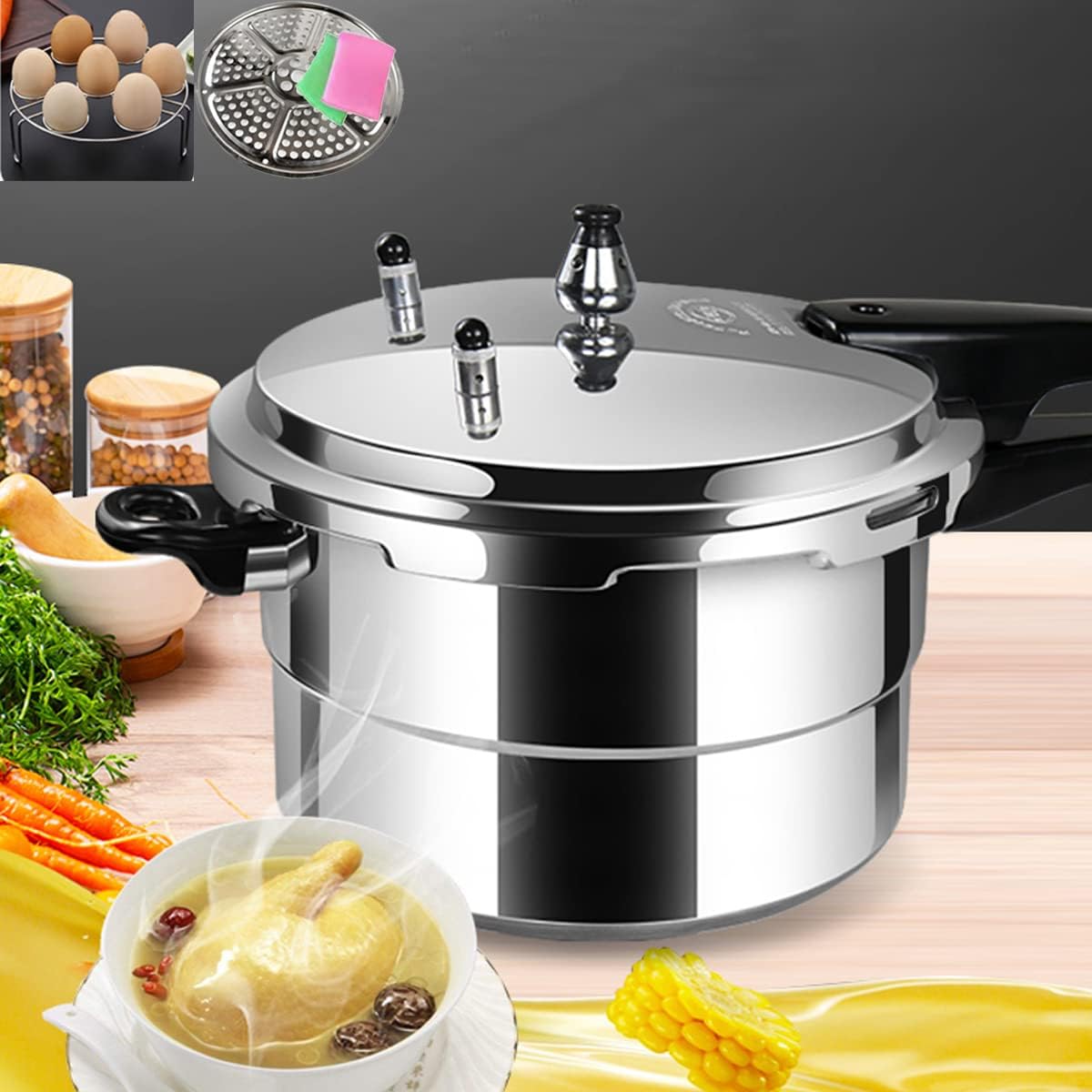 Pressure Cooker 4L Aluminum Alloy Fast Rice Cookers Dishwasher Safe Cookware Pot for Kitchen Electric Induction Glass Gas Stove Canning Cooking Cook,2pcs Steamer Rack as Gifts