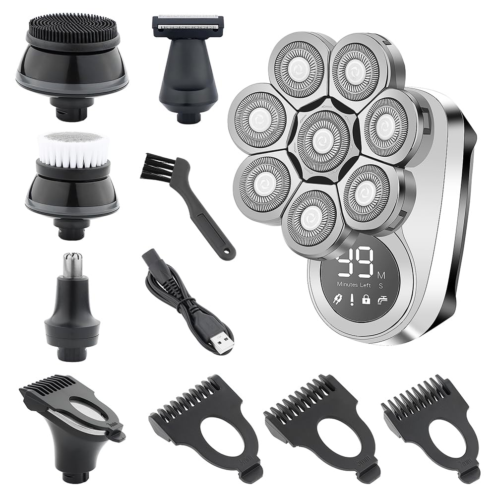 Rasoio elettrico per uomini calvi, 6 in 1, rasoio elettrico USB a testa calva, display a LED a ricarica rapida, senza fili, con rasoio per peli del naso