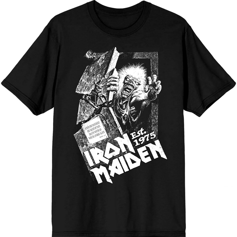 Rock Off Officially Licensed Products Men's Black Iron Maiden Est 1975 No Prayer Grave T Shirt L