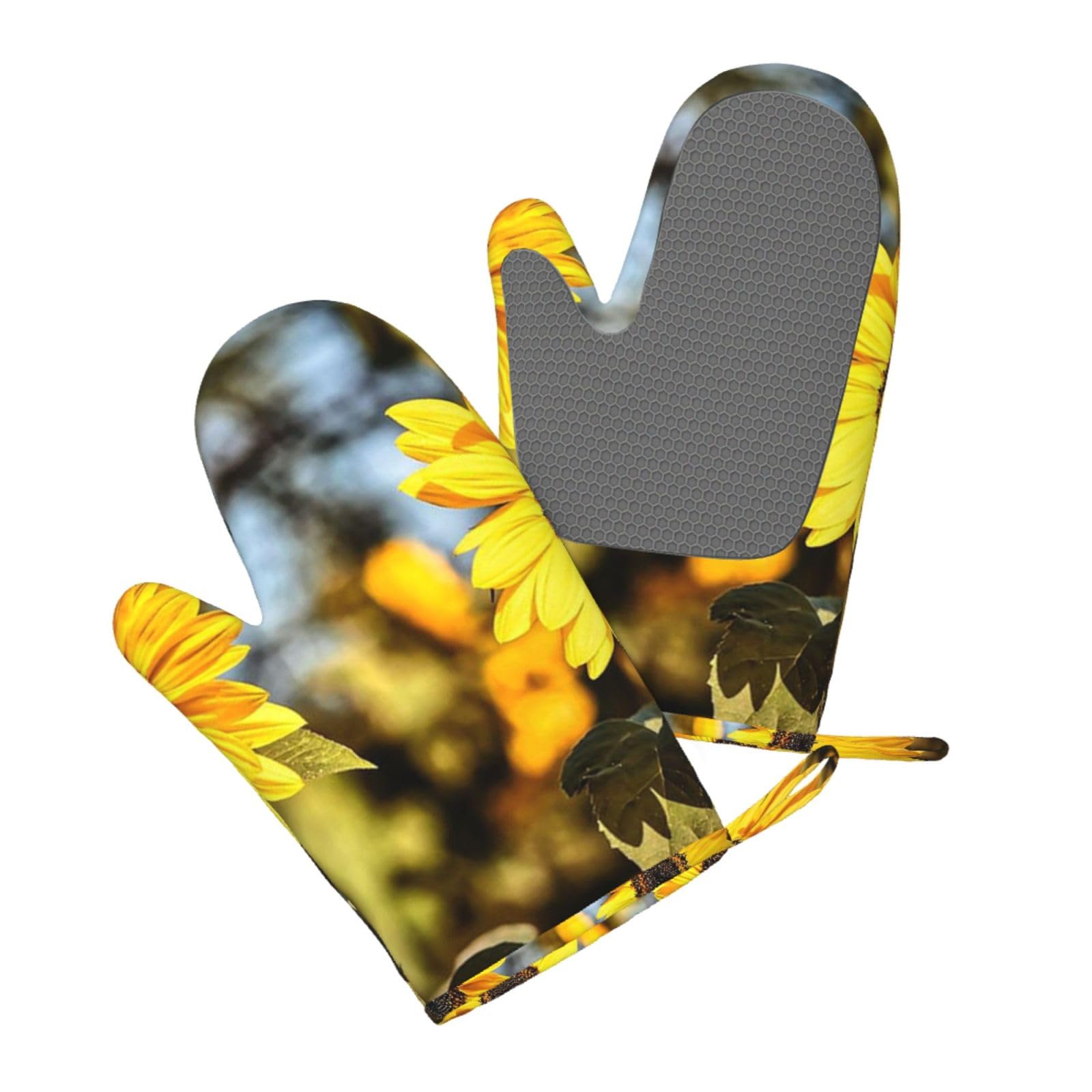 Aqrjlpo Women's Beautiful Sunflower Silicone Oven Mitts Set 2Pcs, Printed Heat Resistant Non-Slip Silicone Oven Gloves For Kitchen Cooking Baking Microwave