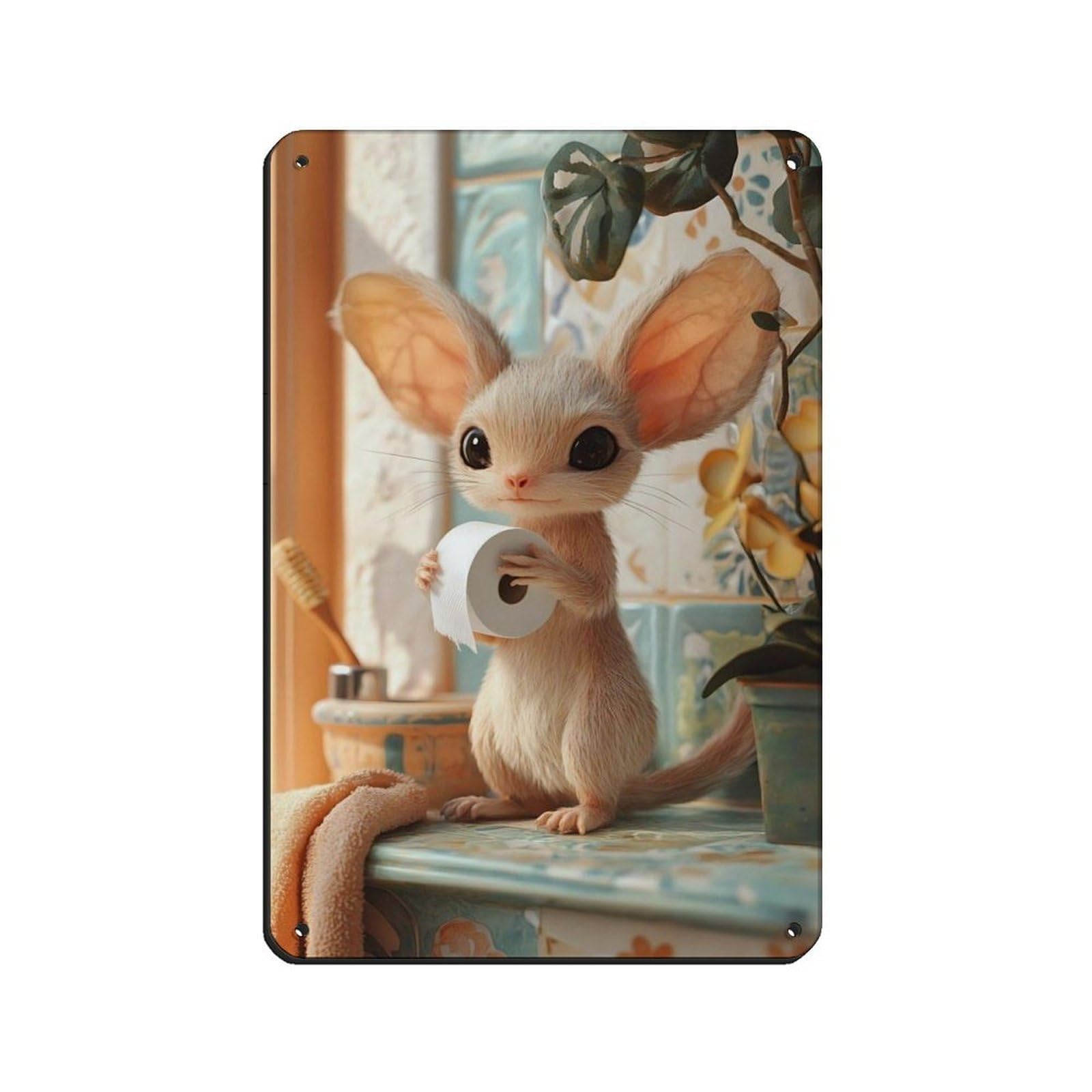 Cute Mouse Holding Toilet Paper Art Tin Sign Vintage Metal Pub Club Cafe Bar Home Wall Art Decoration Poster Retro 8x12inch(20x30cm)