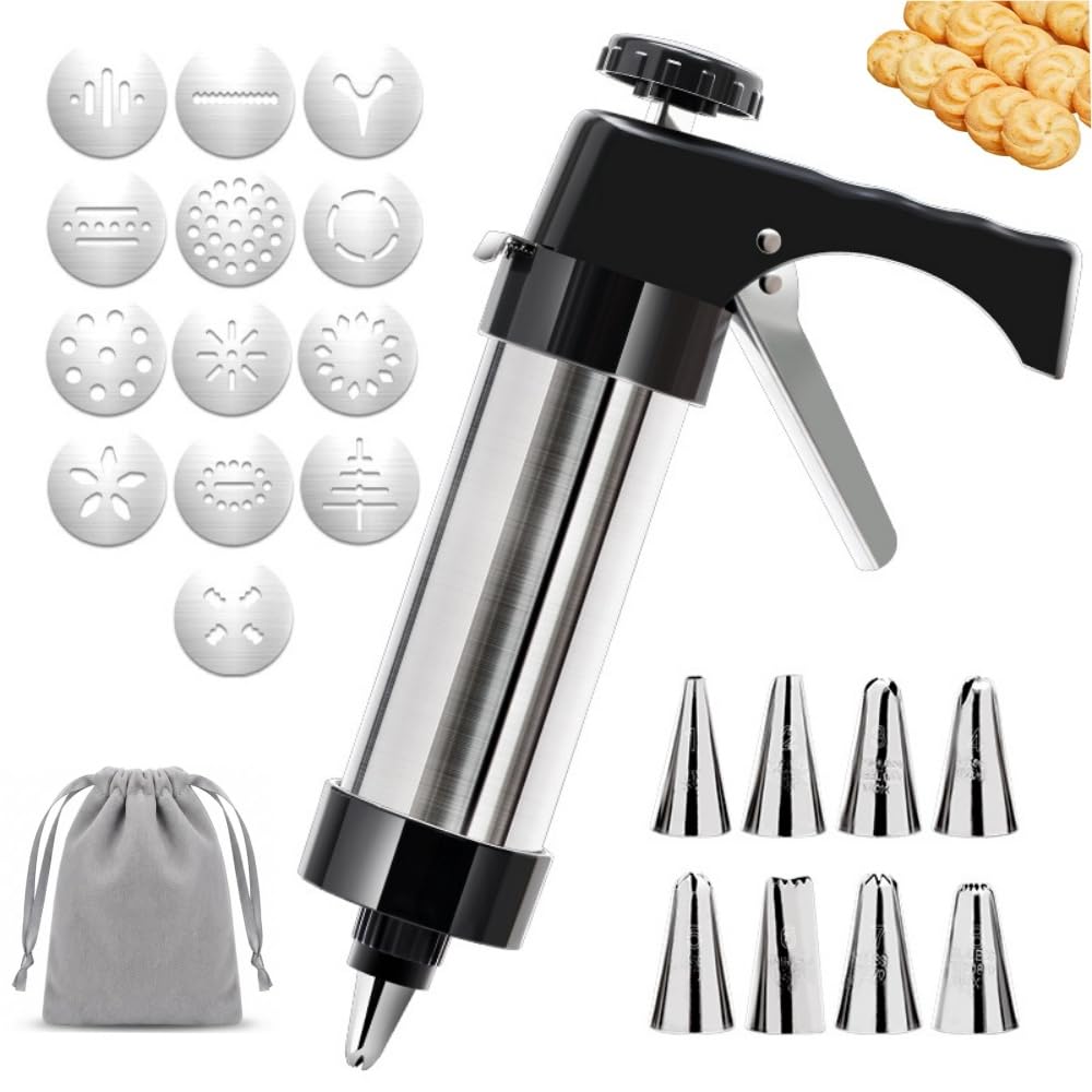 Stainless Steel Cookie Press Gun Kit with 13 Cookie Discs & 8 Piping Tips, Includes Storage Bag for DIY Holiday & Everyday Baking,Essential Baking