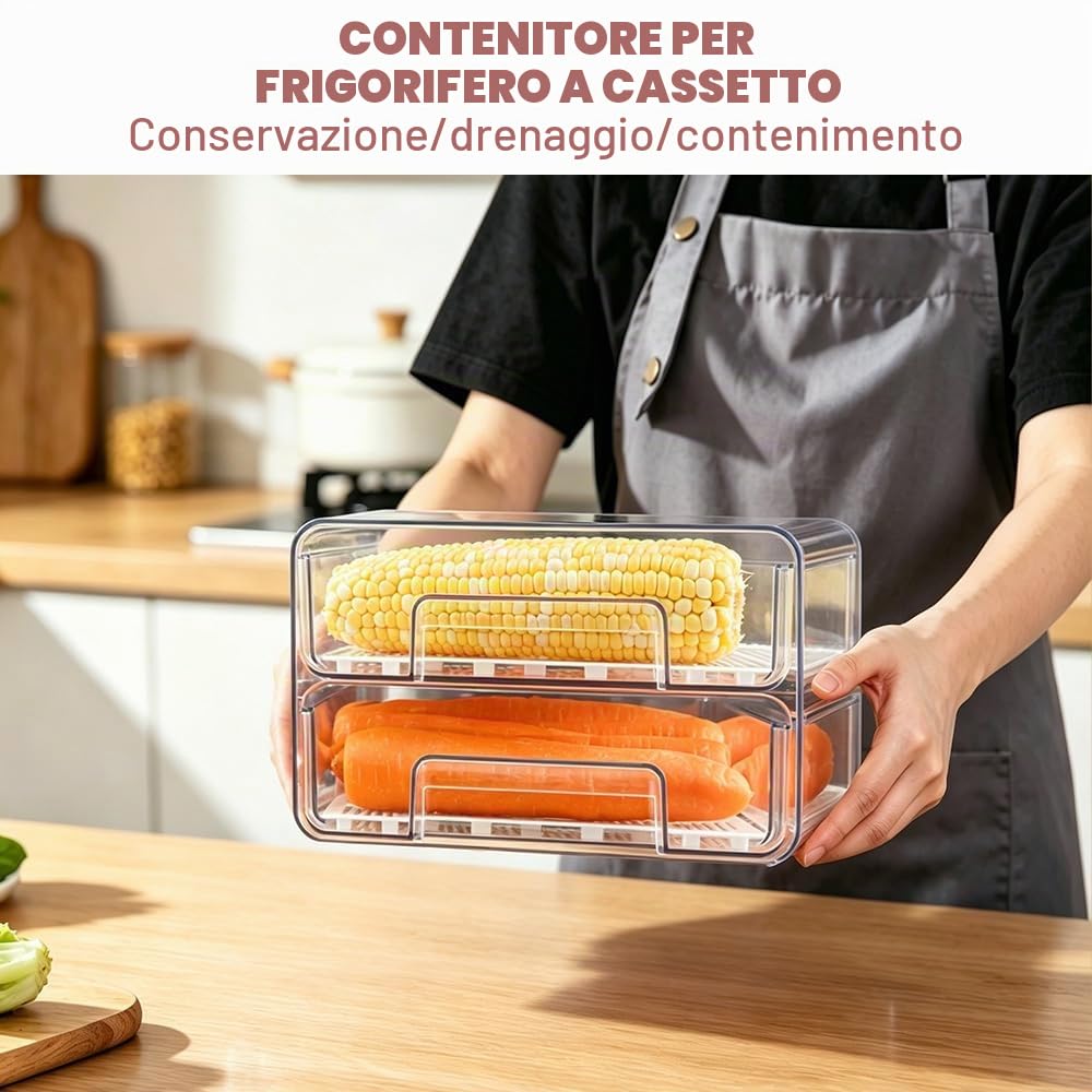 Organizer Frigorifero con Cassetta, Doppio Organizzatore da Cucina Trasparente Impilamento e Riutilizzabile, Contenitori per Frigorifero Salvaspazio per Cucina Familiare, Frutta,Verdura,Carne,Snack