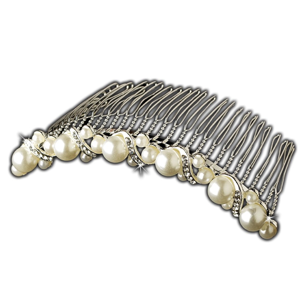 Elegant Pearl & Rhinestone Ribbon Wedding Bridal Tiara Comb