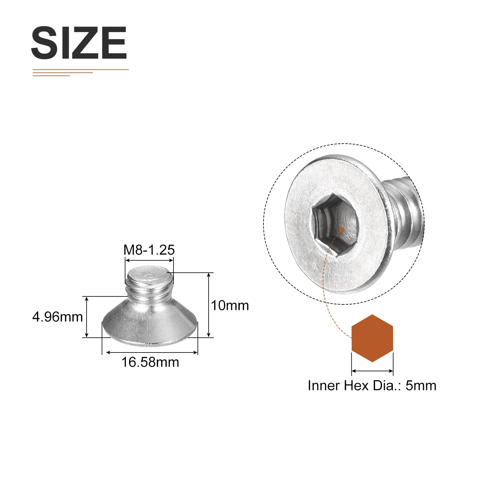 DTGN M8-1.25 x 10mm Flat Head Socket Cap Screws, 20 Pack 304 Stainless Steel Hex Socket Flat Head Screws, Full Thread - Image 2