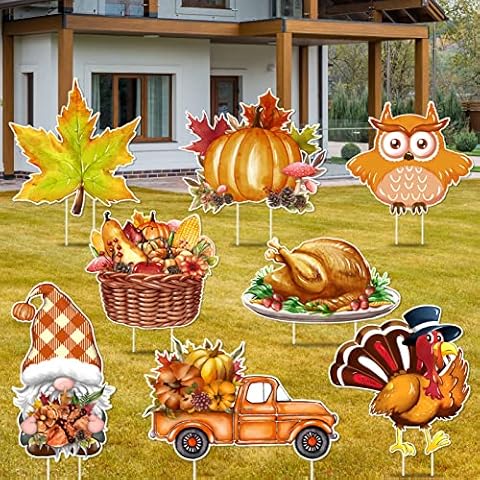 Fall Thanksgiving Yard Signs Decoration 8 Pcs Outdoor Yard Stakes Decor Large Autumn Harvest Lawn Decorations Porch Garden Home Decor (8 Assorted) Cover