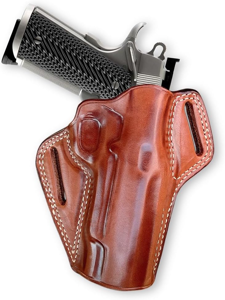 Premium The Ultimate Leather Pancake OWB Belt Holster Fits Rock Island M1911 A2 FS Tactical Full Rail 9/45 ACP 5" BBL, Right Hand Draw, Brown Color #1353#