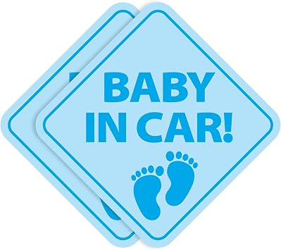 Stickios Baby in Car Stickers Non-Magnetic - Removable, Paint-Safe Signs for Cars & Windows - Made in USA 2-Pack, 6-inch Diamond, Blue Footprints, Boy