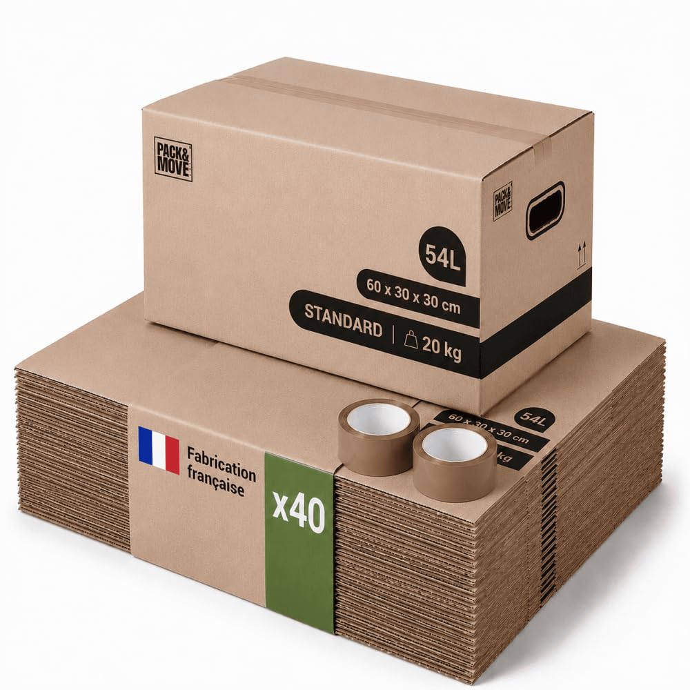 Lot de 40 cartons de déménagement 54L - 60x30x30 cm - Made in France - 70% FSC certifé - Pack & Move