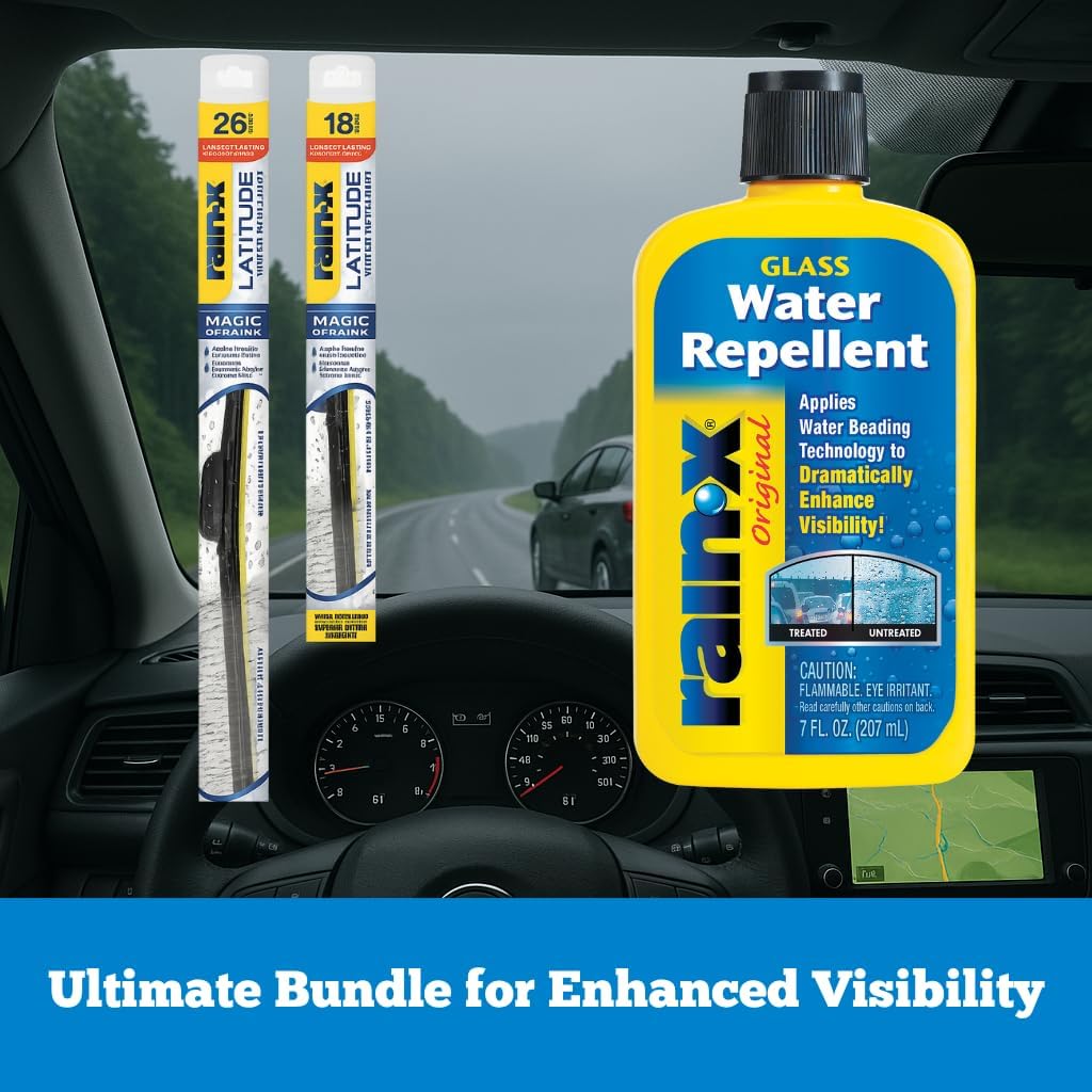 Rain-X Windshield Weather Protection Bundle - 26" & 18" Latitude 2-in-1 Water Repellent Wiper Blades (2-Pack) with 7 oz. Glass Treatment