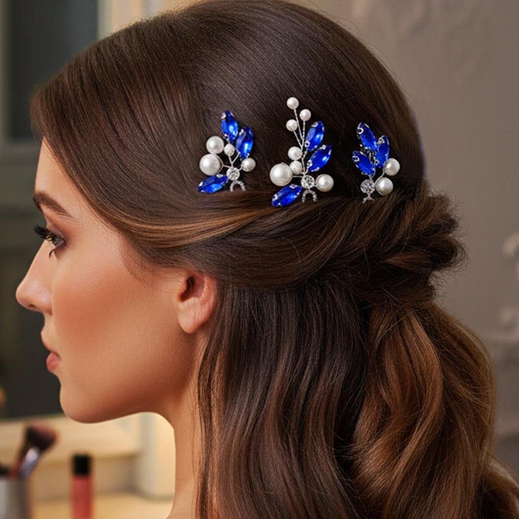HEREAD Blue Crystal Bride Wedding Hair Pins Silver Pearl Bridal Hair Pieces Rhinestones Hair Accessories for Women and Girls(Pack of 3) (Silver) - Image 4
