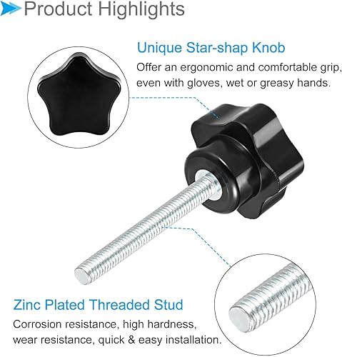 Miniatura 4 de Perillas de sujeción de estrella, rosca macho M6 x 1.969 in, cabeza de 1.220 in, mango de tornillo de pulgar de plástico, perno roscado negro