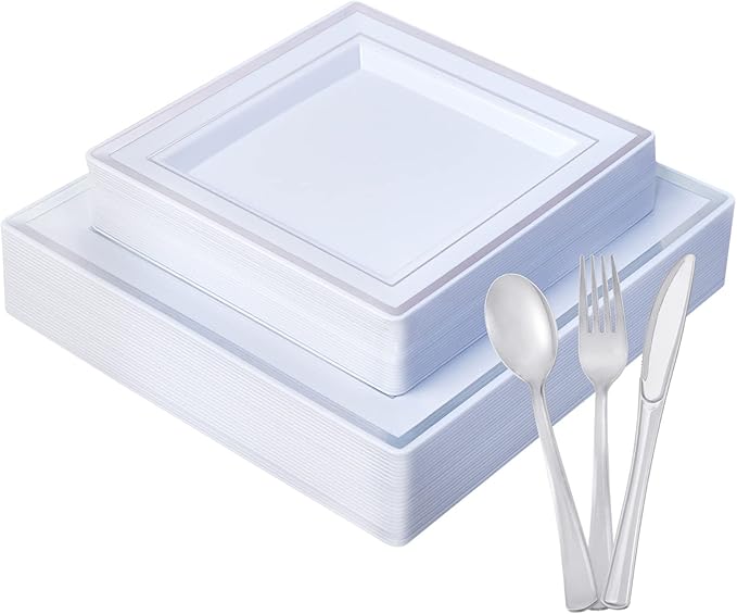 JOLLY CHEF 125 Count Square Silver Plastic Plates Including 25 Disposable Dinner,25 Dessert,25 Knives,25 Forks and 25 Spoons, Plastic Dinner Plates for Weddings Parties