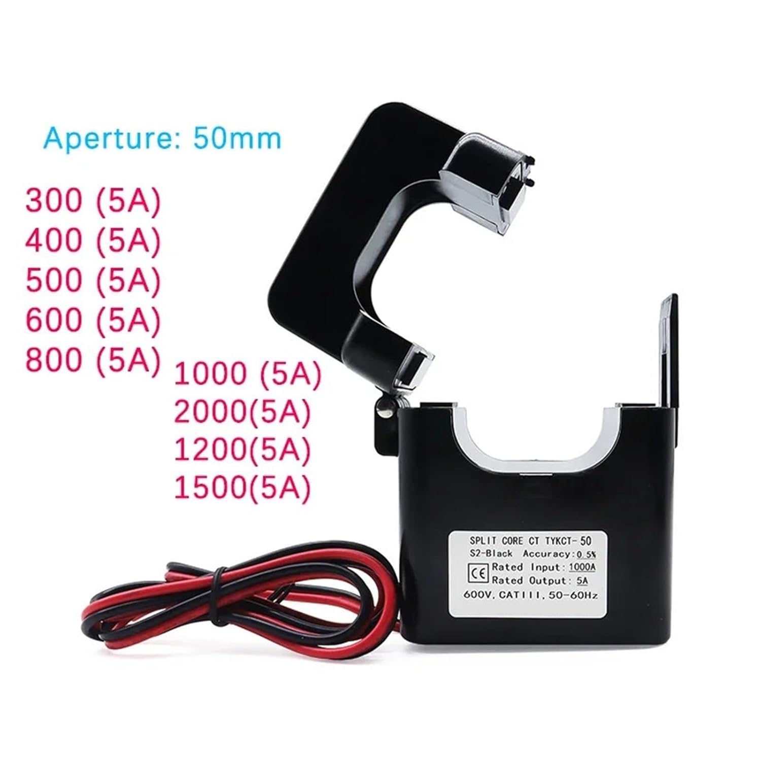 Split Core Current Transformer Clamp Transformador Sensor 1000A KCT50 AC 300/400/500/600/800/1000/2000/1200/1500A Large CTs 1Pcs(500 (5A))