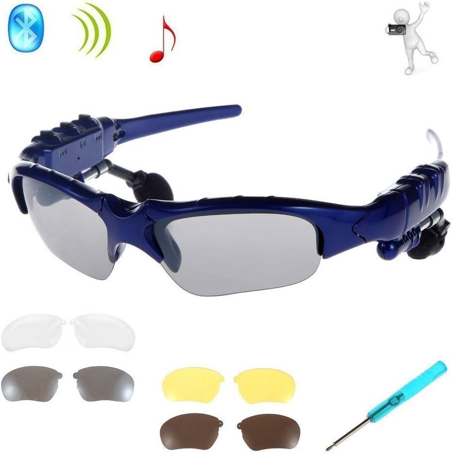 KINGCOO Wireless Sunglasses, Bluetooth Sunglasses Music Handfree Headset Headphones for iPhone 7/7 plus Samsung Bluetooth devices + Free Replaceable 3 Pair Lens (Yellow,Brown,Clear) (Blue)