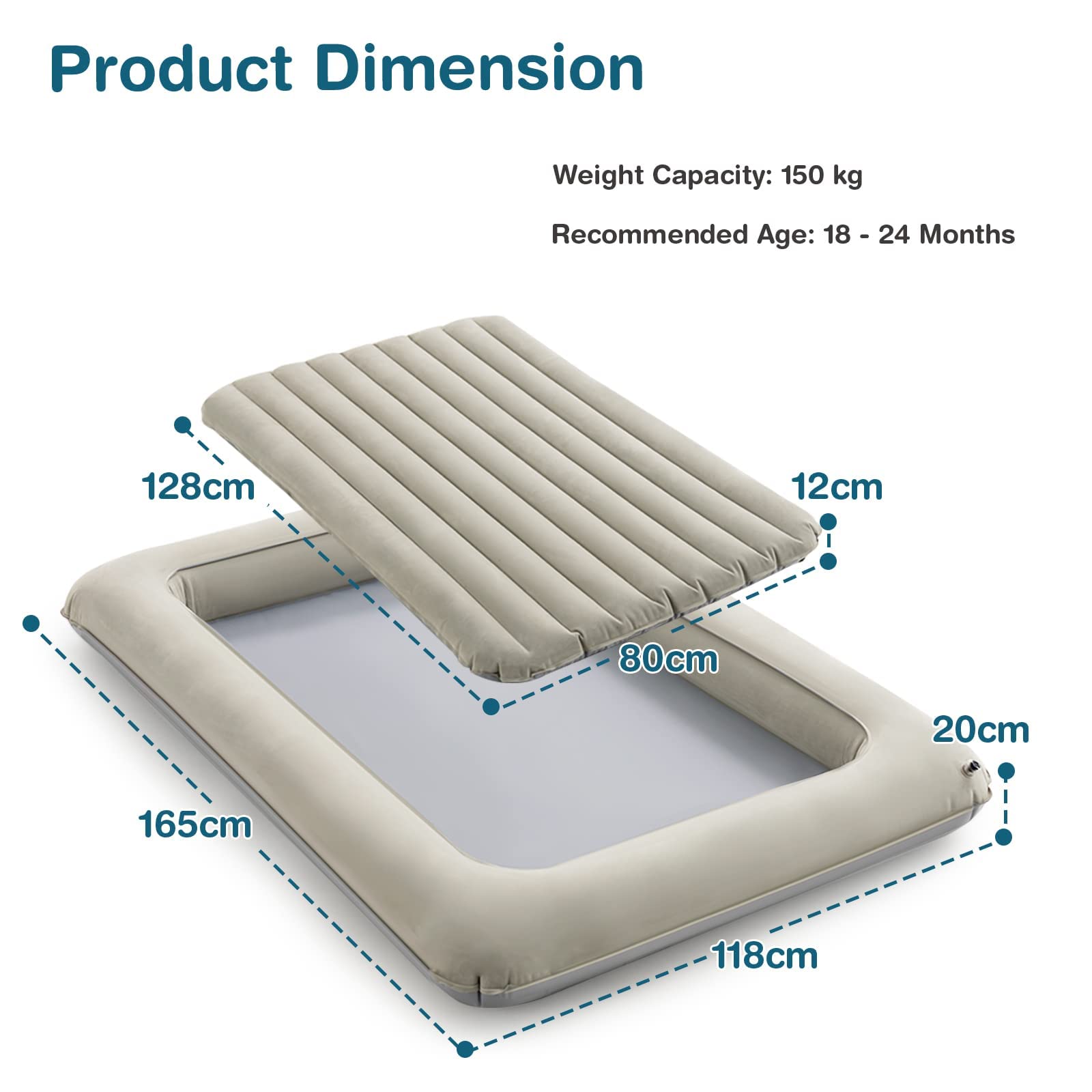 LIFEZEAL Colchón Hinchable Infantil con Bomba Eléctrica, Cama con colchón extraíble, 165 x 118 x 20cm, Cama de Viaje portátil para niños de hinchado rápido en 30 Segundos (Gris)