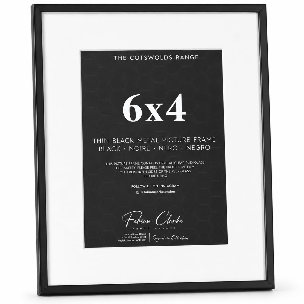 Fabian Clarke Cotswolds Thin Black Metal Picture Frame with White Mount, Shatterproof Plexiglass, Freestanding & Wall Mounted Photo Frame, Modern Picture Frame (6x4)