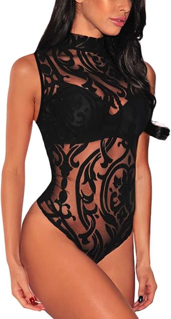 Lrady Womens Sleeveless Bodysuit Mesh Sheer Going Out Tops