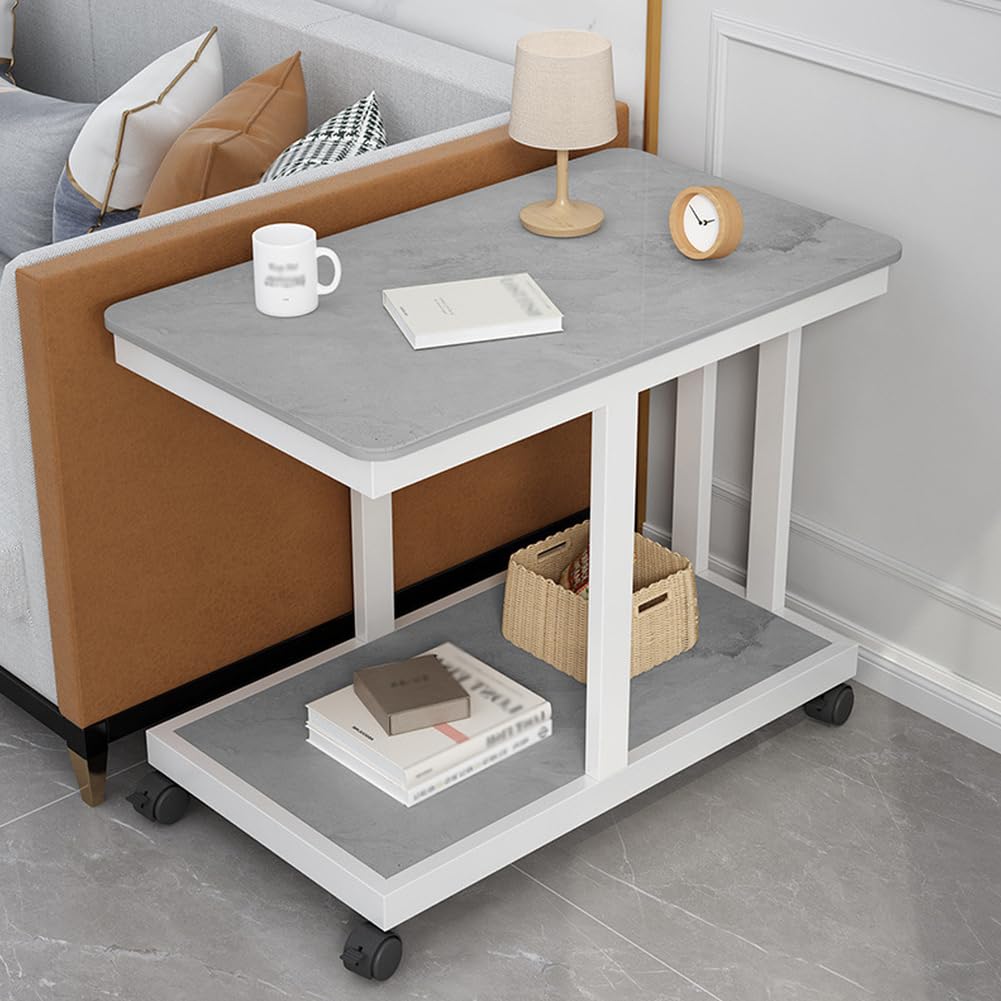 SXZenSpace C-Shaped Side Table with Wheels Rolling,2-Tier Modern Snack End Metal Frame,Couch Tables That Slide under for Living Room,white frame gray