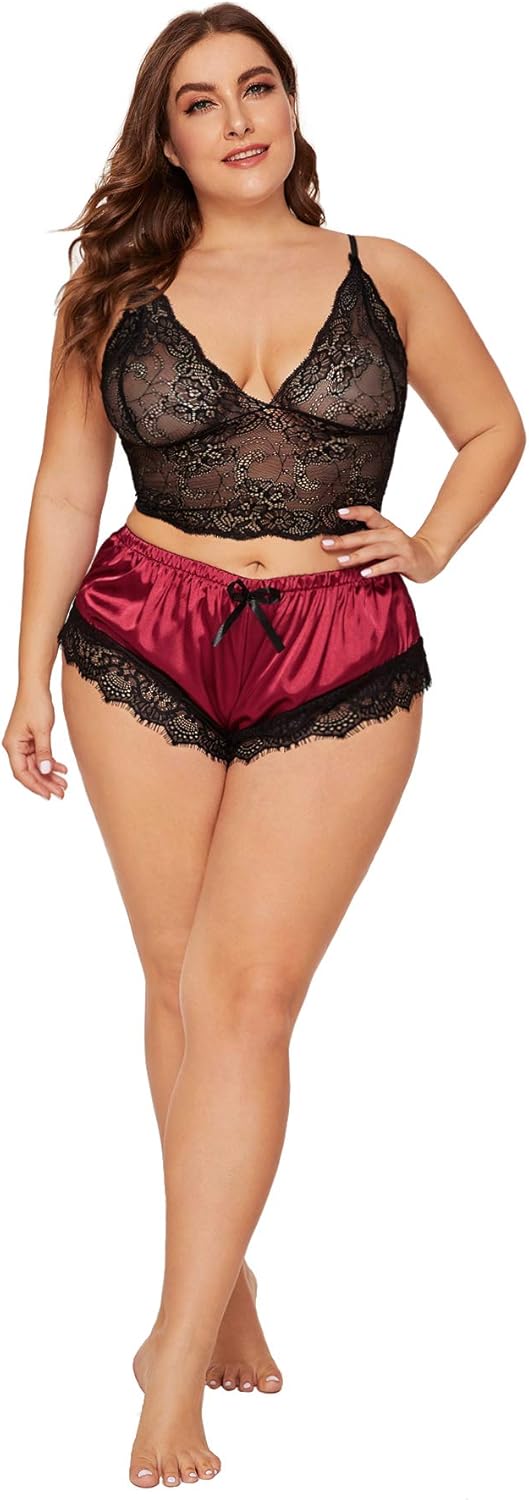 SOLY HUX Women's Plus Size Lingerie Set Spaghetti Strap Lace Trim Bralette and Shorts Sleepwear Pajama Set - Image 4