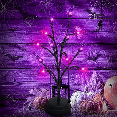 LIQING 2 Pack Halloween Tree, 12 Led Lights, 6 Purple Spider Lights, 6 Light-Emitting Bats and 6 Light-Emitting Spiders, Battery Powered, for Halloween Decoration, Indoor Home Parties. Cover