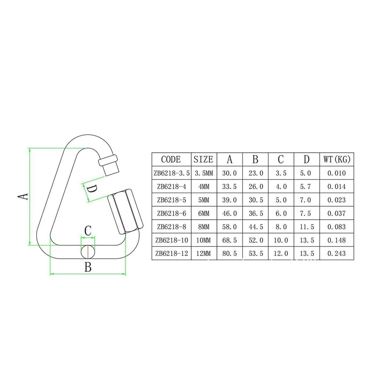 10 mosquetones de Acero Inoxidable con Cierre rápido y Tuerca de Tornillo, Gancho de Cadena Triangular for Remolque, Columpio, hamacas y Cable.(M6)