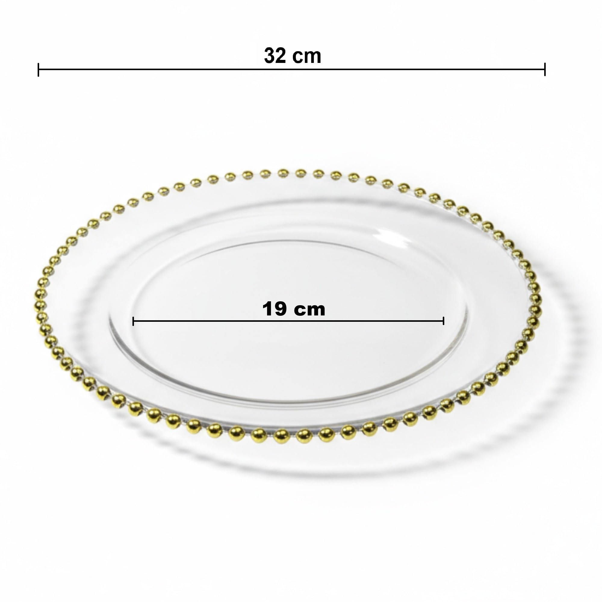 XL Teller, B-WARE, Unterteller aus Glas 32 cm mit Goldrand (1), 6x Glasteller Untersetzer mit Perlen, Extra Groß, Platzteller Dekoteller Servierteller für Hochzeiten, Taufe, Geburtstag, Weihnachten