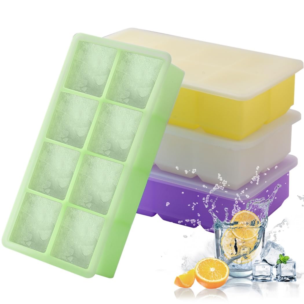 Lot de 4 grands bacs à glaçons carrés en silicone avec couvercles amovibles, empilables pour whisky, cocktails, aliments surgelés, soupes, moules à démoulage facile, cubes de 5,1 cm par plateau