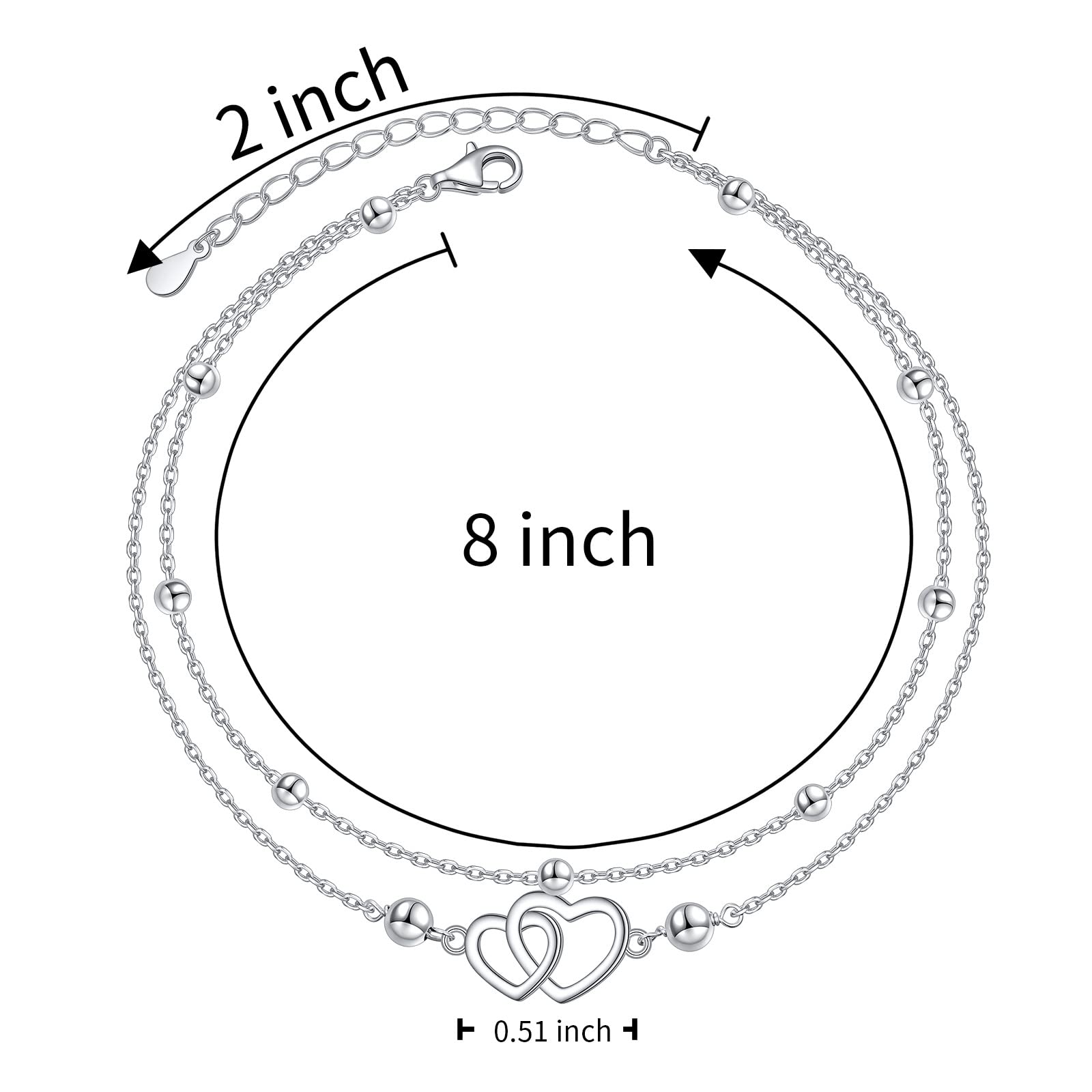 Cavigliera da donna in argento sterling 925, con ciondolo a forma di cuore, per donne e ragazze, classica, regolabile, per donne e ragazze