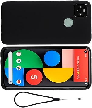 Liquid Silicone Protective Phone Shell for 5A 5G, Drop-Resistant Matte Case Microfiber Lining and Lanyard, Suitable Black