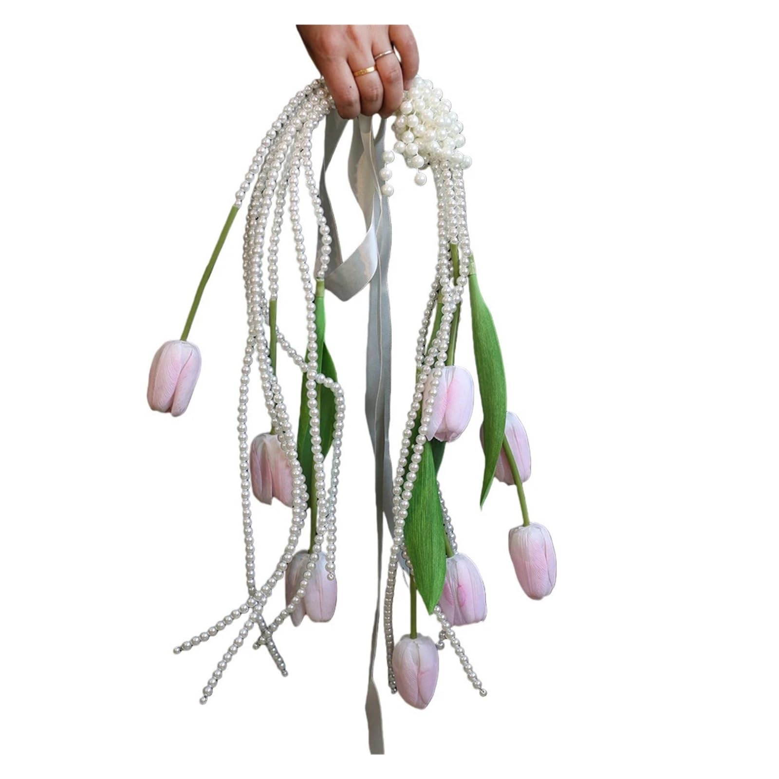Gijmzy White Tulip Pearl Waterfall Bridal Bouquet