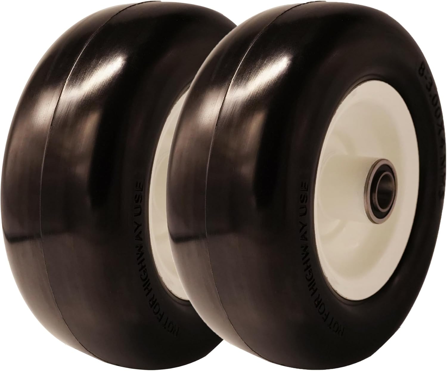 8x3.00-4 Flat Free Tire with 3/4 & 5/8 Bearings, 3.25-4.75” Center Hub Solid Wheel Replacement for Walk-Behind Mower, Flat Free Smooth Tire and Wheel Lawn Mowers & Garden, Set of 2